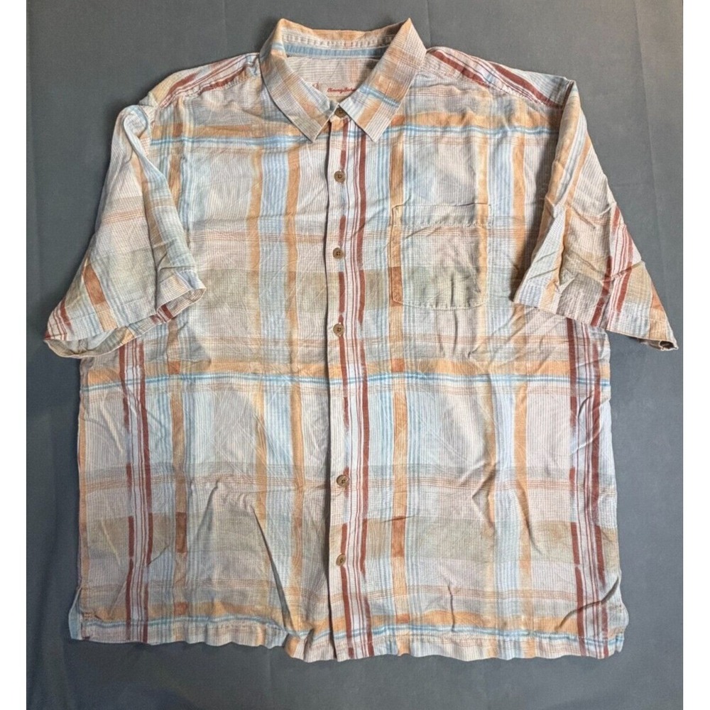 Tommy Bahama Shirts Men's Brown Plaid XLX 100% Silk Collared Short Sleeve